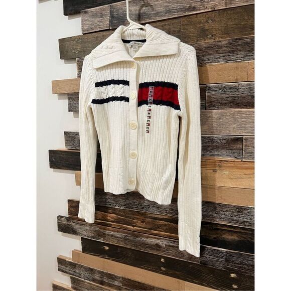 Tommy Hilfiger NWOT 90's White Blue and Red Classic Cable Knit Cardigan Sz M - Picture 1 of 8